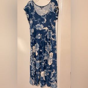 Chaps Blue & Beige Floral Print Cap Sleeve Midi Summer Dress, P/LG
